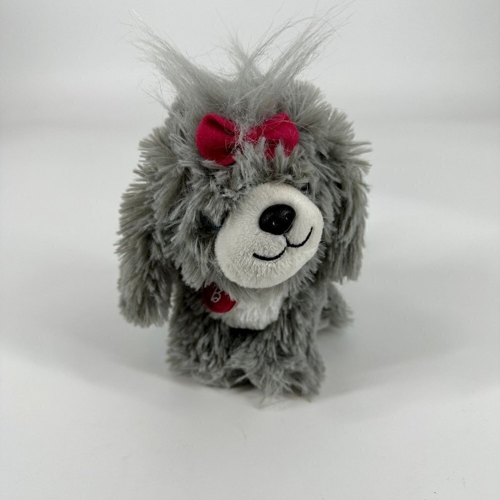 Barbie Mattel Grey Shaggy Puppy Plush Pink Bow Dog Stuffed Animal Small Toy